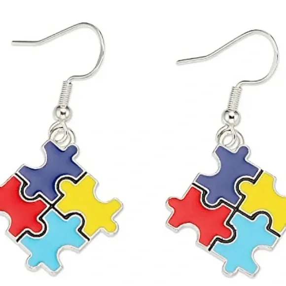 Colorful Puzzle Piece Earrings - Autism Awareness Puzzle Piece - Picture 1 of 3